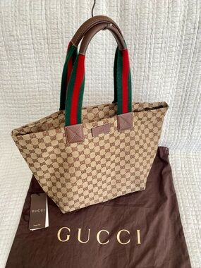 Gucci GG Supreme Canvas Tote Bag Web Stripe Handles Beige Brown